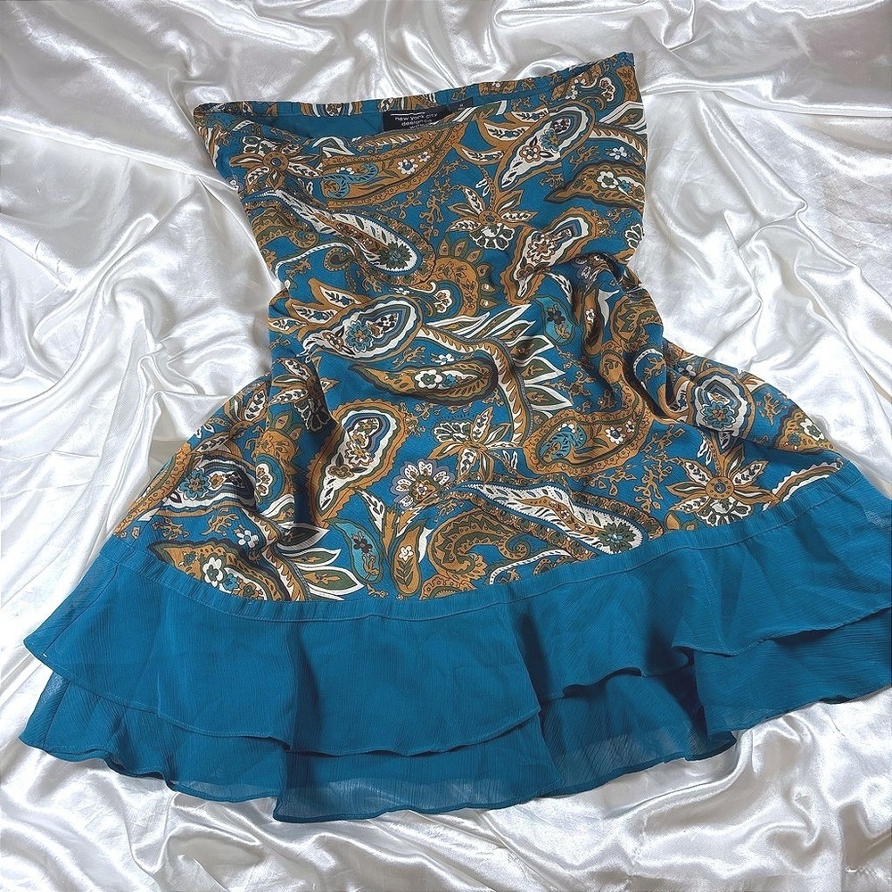 y2k Strapless Top Teal Excellent Paisley Sequin Ruffle Hem Tube Top 1X